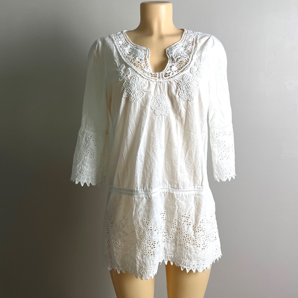 Indigo Collection Peasant Tunic Womens L White Eyelet Lace Embroidered Boho Top